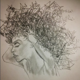A graphite drawing of a person with big hair made up of pencil scribbles