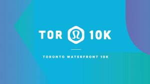 "Toronto Waterfront 10K" in white text on abstract background of blue, green and purple shapes