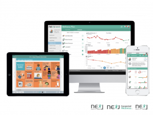 A mockup of an iPad, computer screen and iPhone with the NexJ platform displayed on all 3