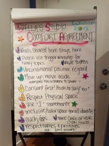 A big sheet of paper with hand drawn marker messages on it with "Stella's Studio Comfort Agreement" at the top.