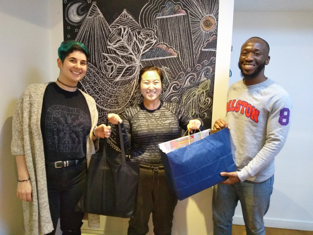 Studio donors Amanda and David Lederle of CreateBeing, shown here offering supplies to facilitators Funmi and Liz. Thanks Amanda and David!