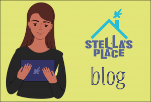 An illustration with lime green background and small text that says 'blog' with the Stella's Place logo above. To the left is an illustration of a person holding an iPad.