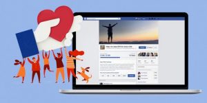 A blue graphic with a mockup of a laptop showing a Facebook fundraiser on the screen. To the left of the laptop is an illustration of a bunch of little people dressed in colours of orange and red, holding up a big hand holding a heart that is pointing towards the screen.