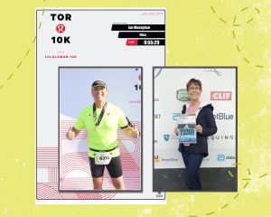 2 photos of 2 different people posing for a photo after a run. The two photos are placed on a lime green textured background.