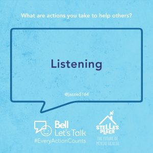 Blue graphic with white text above "What are actions you take to help others?" and a quote "Listening"