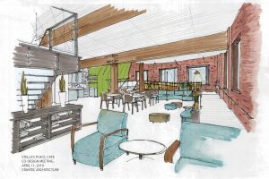 A sketch rendering of the new Stella's Place Café with lots of tables and chairs