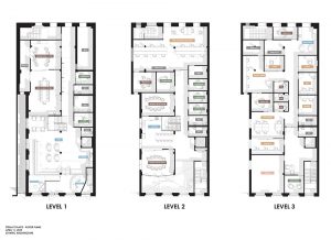 3 line drawings of floor plans, side by side for our new building.
