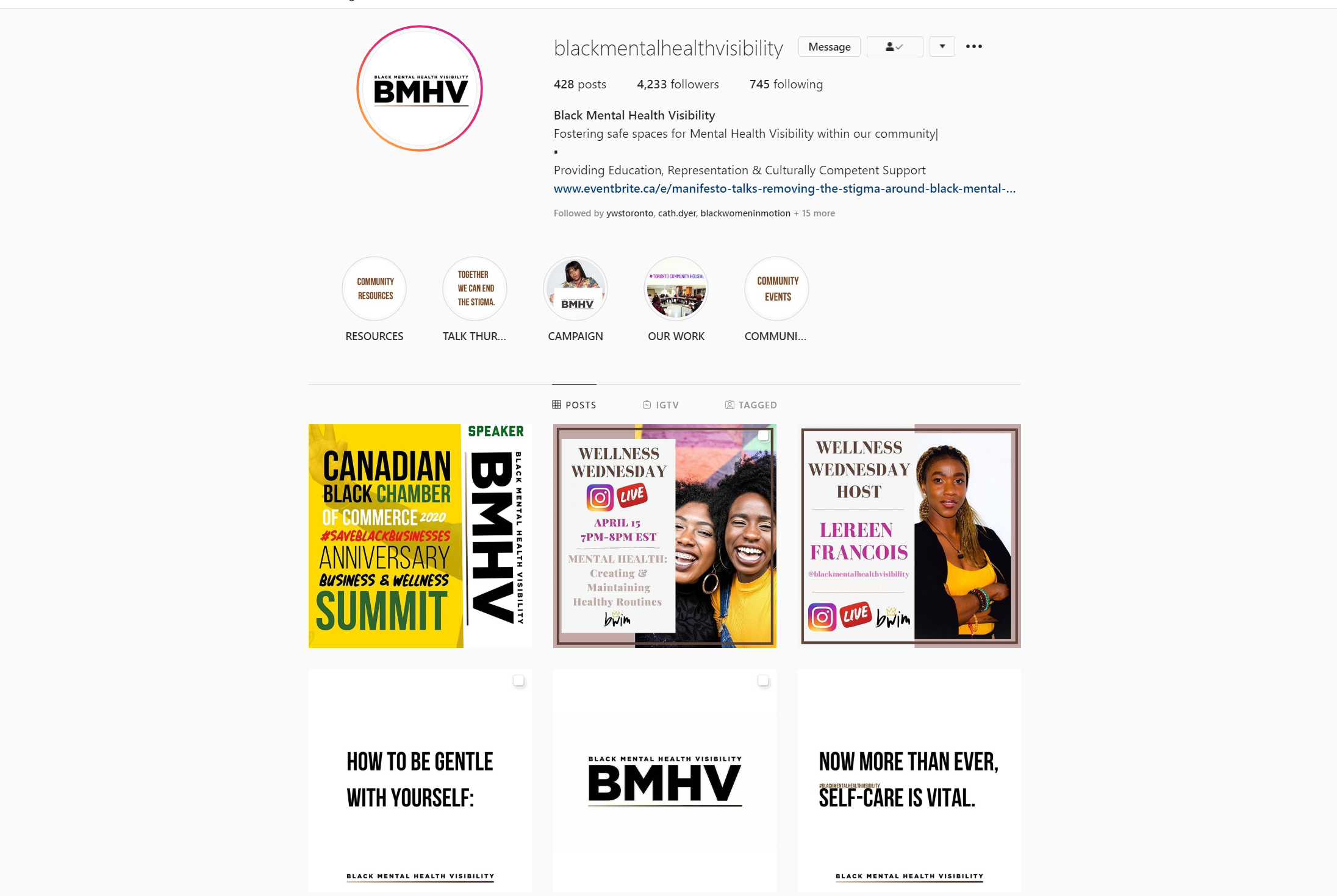 A screenshot and a link to Black Mental Health Visibility's Instagram page, with a few posts and their bio.