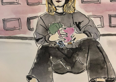 A watercolour painting of a person sitting on the ground, resting against a wall. The person has blonde hair to their shoulders and is holding a pink mug. The person is wearing sunglasses, a dark grey sweater, black jeans and black and white spotted shoes.