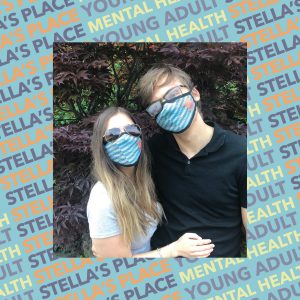 Photo of two people wearing Stella's Place mask, blue patterned background