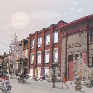 A photo rendering of the future home of Stella's Place from a street view with illustrations of people walking.
