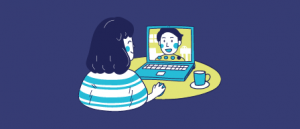 A dark purple graphic with an illustration of a person speaking on video chat with another person on their laptop. Beside the computer is a mug.