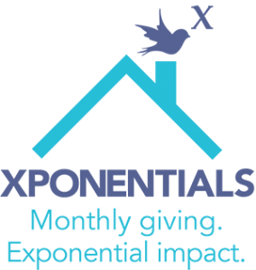 Icon that reads "Xponentials" in large bold font. Underneath in small blue "Monthly giving. Exponential impact." Above the text is an outline of a blue roof and a purple bird on top of the chimney with an italicized mathematical x above.