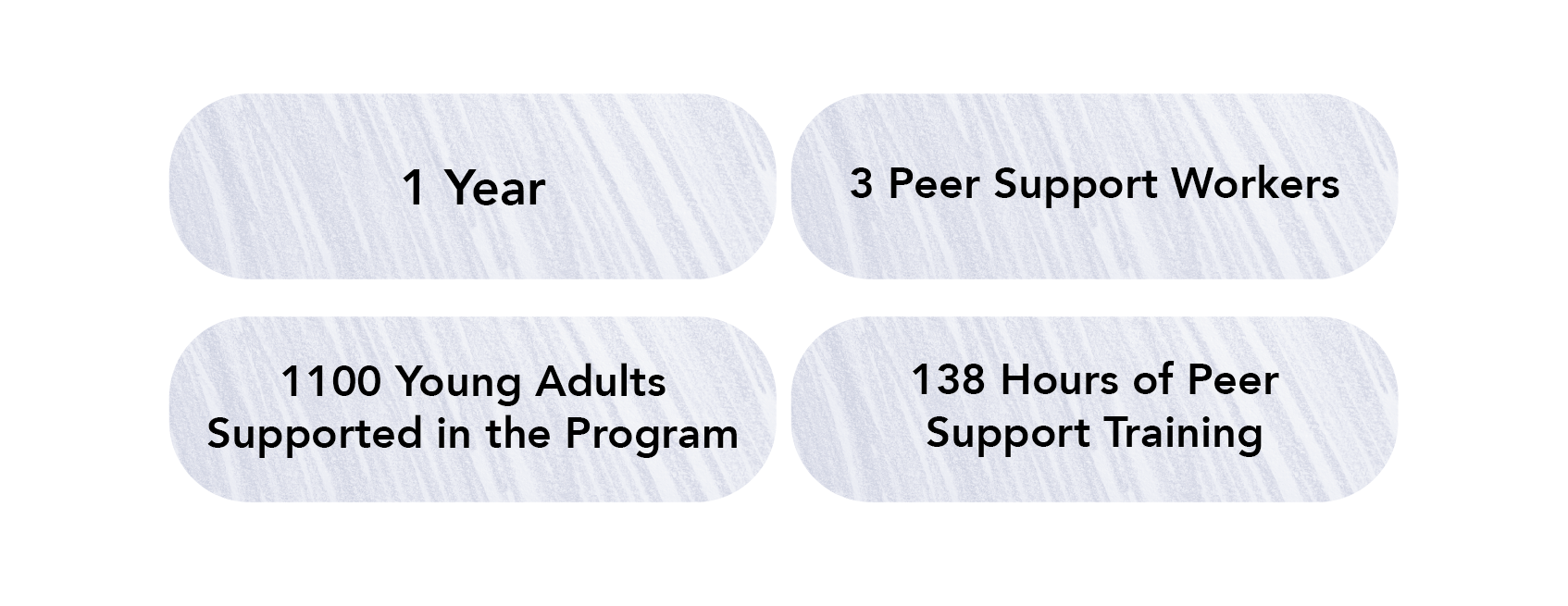 4 small purple texture boxes with statistics listed in each "1 year" "3 Peer Support Workers" "1100 Young Adults Supported in the Program" and "138 Hours of Peer Support Training"