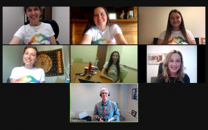 A screenshot of a zoom screen with 7 people celebrating the one year anniversary of the Pathway to Peers Program.