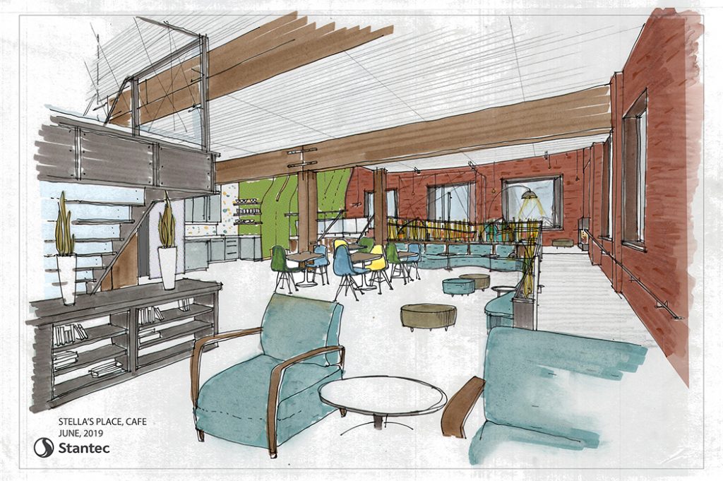 Architectural drawing of the new building cafe for Stella's Place featuring the entrance ramp and lounging chairs