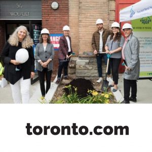 A photo of the Green-Sanderson family with their shovels in the ground outside of 54 Wolseley and underneath is the toronto.com logo in black.