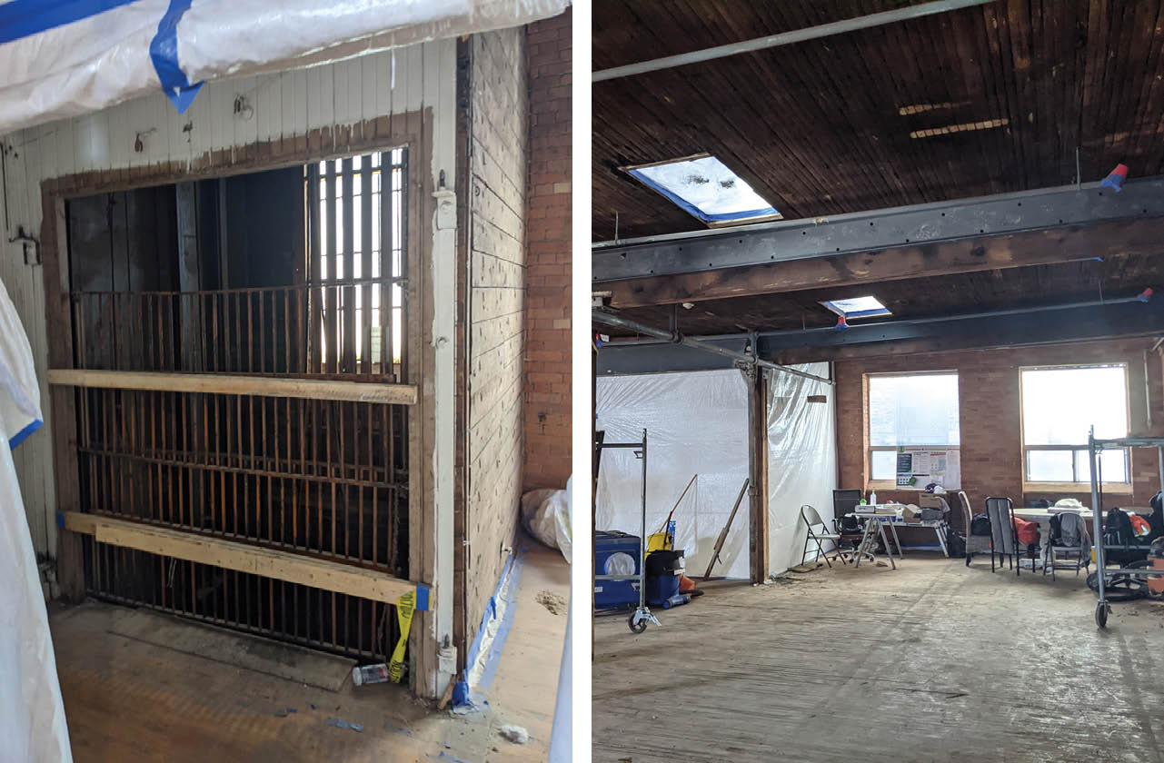 2 photos side by side of the construction site at Stella's Place new building. The photo on the left is a caged box that will be the new elevator. The photo on the right is a wideview of the second floor, showing windows on the wall and ceiling.