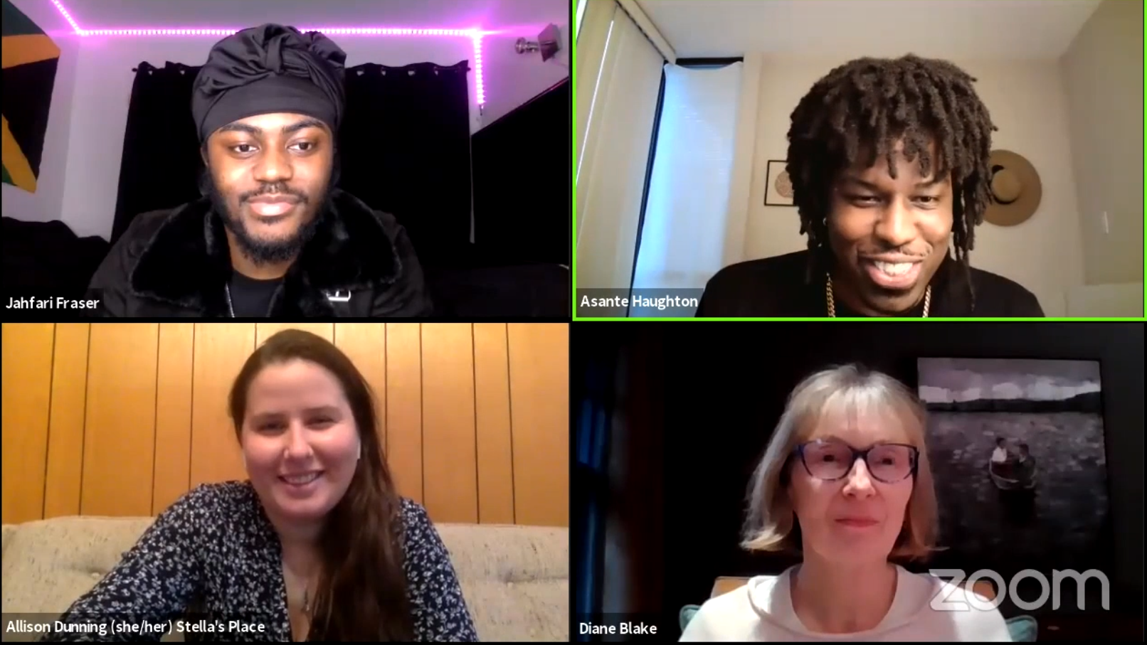 A screenshot of 4 people on a zoom panel discussion, all smiling.
