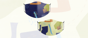 A mockup of 2 masks on a faded patterned background. Both masks have a pattern with different coloured organic shapes. The mask on the left has a dark purple background and the mask on the right has a lime green background.