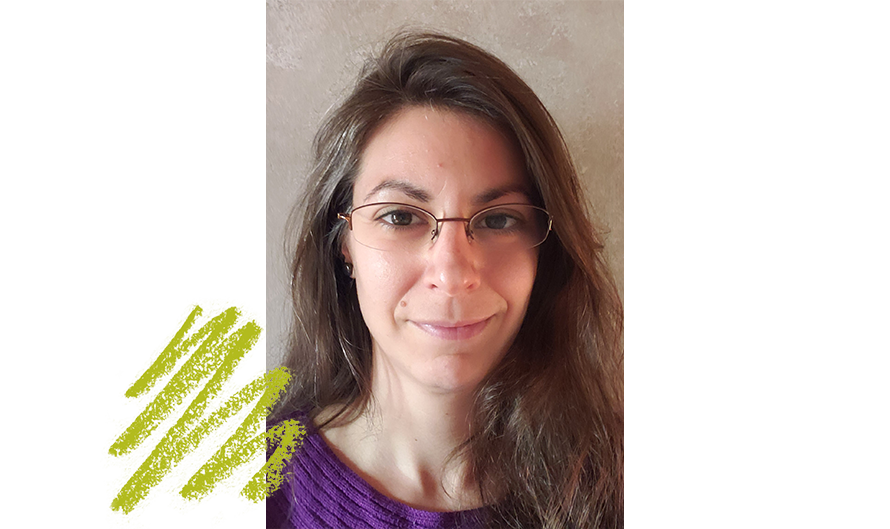 A portrait of Ashley Ward, Research & Evaluation Manager at Stella's Place. Overlaid on the photo is a green crayon squiggle.