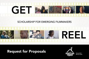A graphic with a big heading "Get Reel" in bold uppercase, with an illustration of a green film reel on either side. In each film reel slot is a screenshot from a different film. The subheading reads "Scholarship for emerging filmmakers" and at the very bottom there is a black footer with white text that reads "Request for proposals" and a white Stella's Place logo.