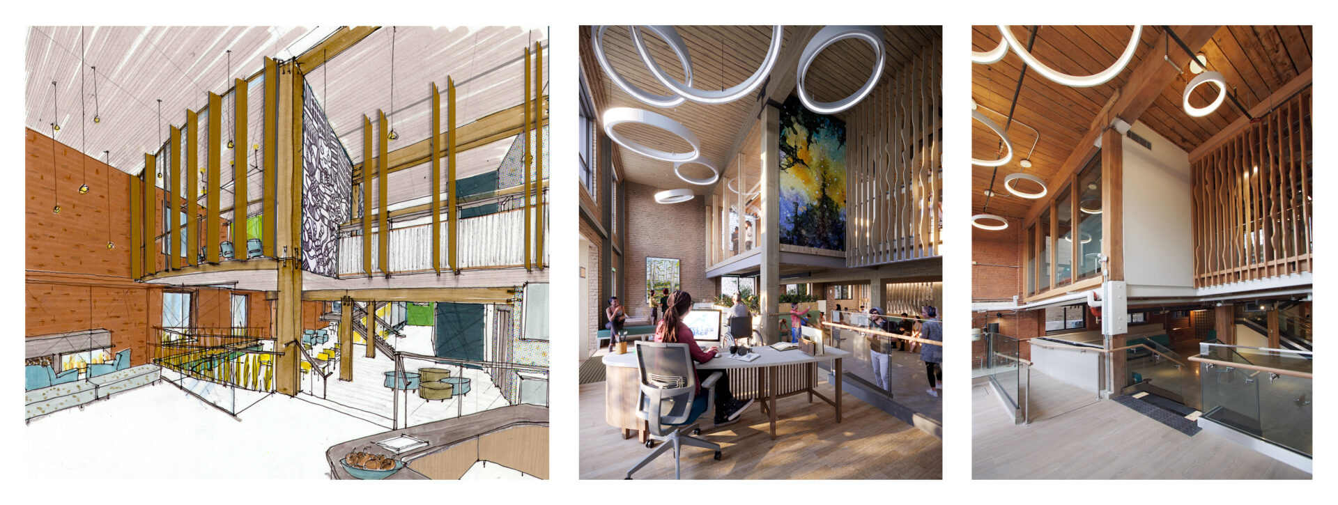3 images of the Stella's Place cafe lined up side by side. On the left is an architectural drawing of the space. The middle is a digital rendering of the space with illustrations of people walking inside. The right is an actual image of the space, featuring the circular lights hanging from the ceiling and the loft space above.