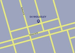 A map of the new Stella's Place location. A location pin shows 54 Wolseley Street, near Bathurst and Queen street. The streets are outlined in light green and the background is light purple.