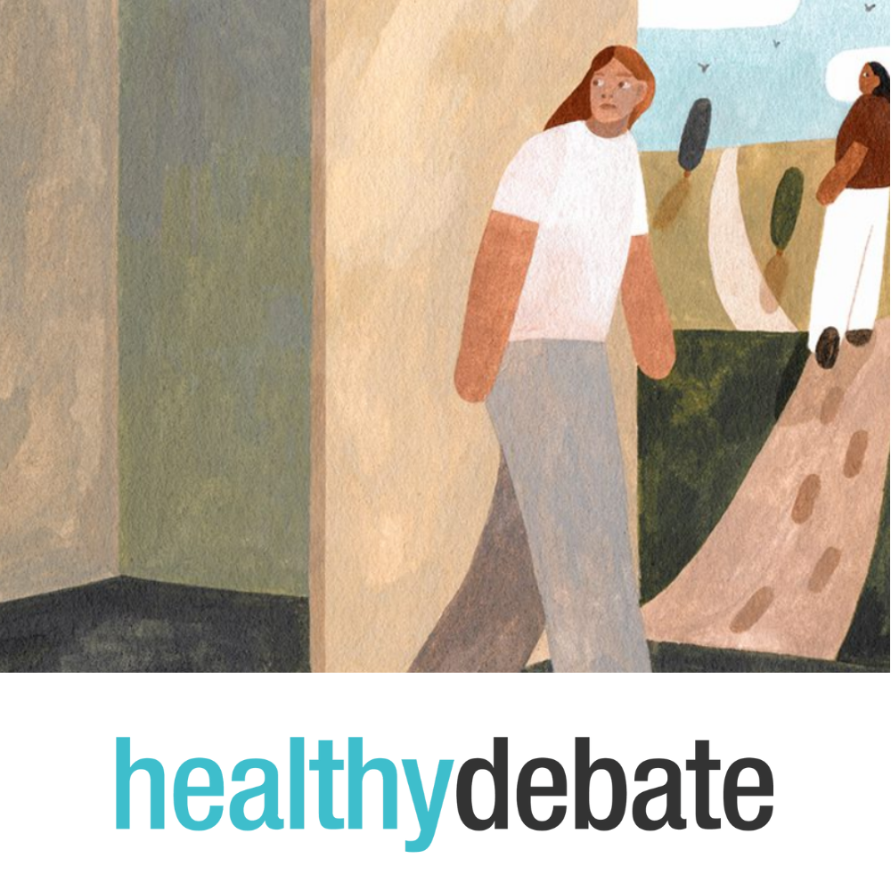 An illustration of a person walking out of a door while looking behind them, with the Healthy Debate publication logo underneath