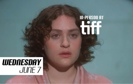 A graphic with a title that says "Wednesday June 7 at TIFF" overlaid on an image of a person's face in front of a blue background.