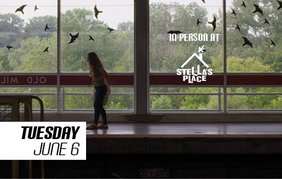 A graphic with a title that says "Tuesday June 6 at Stella's Place" overlaid on a photo of a person's silhouette in front of a window with green trees outside.