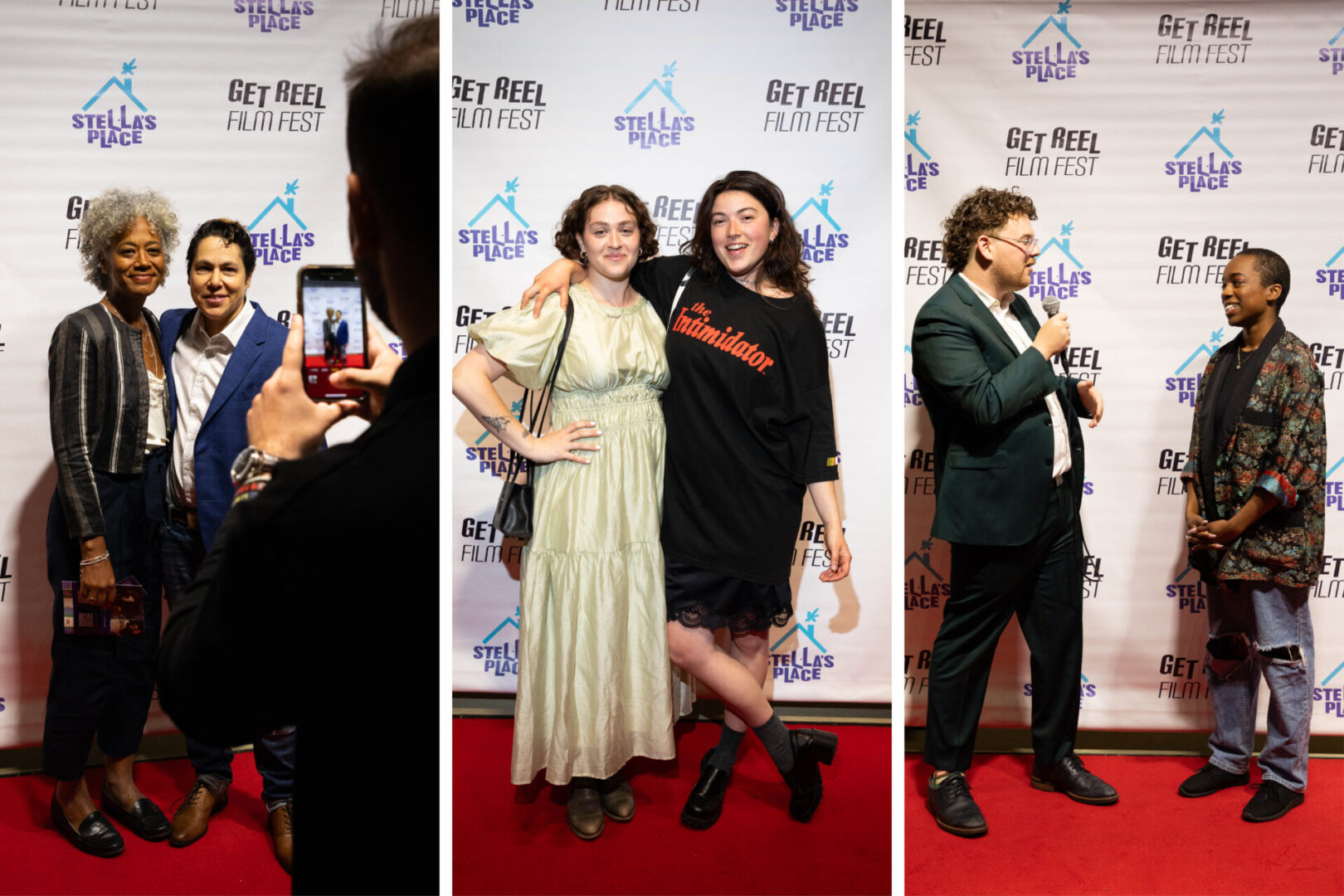 3 photos side by side of people on the red carpet at our opening night.